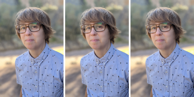 Lydia Conklin wears large rectangular framed glasses and has a swoopy short haircut and wears a shortsleeved blue buttonup.