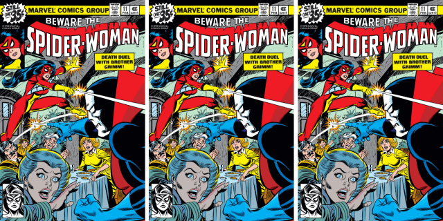 Spider-Woman issue 11 cover reads BEWARE THE SPIDER-WOMAN: Death Duel with Brother Grimm and features Spider-Woman shooting something out of her finger, a woman in a yellow dress out to dinner, and a villain in a red cape and blue gloves.