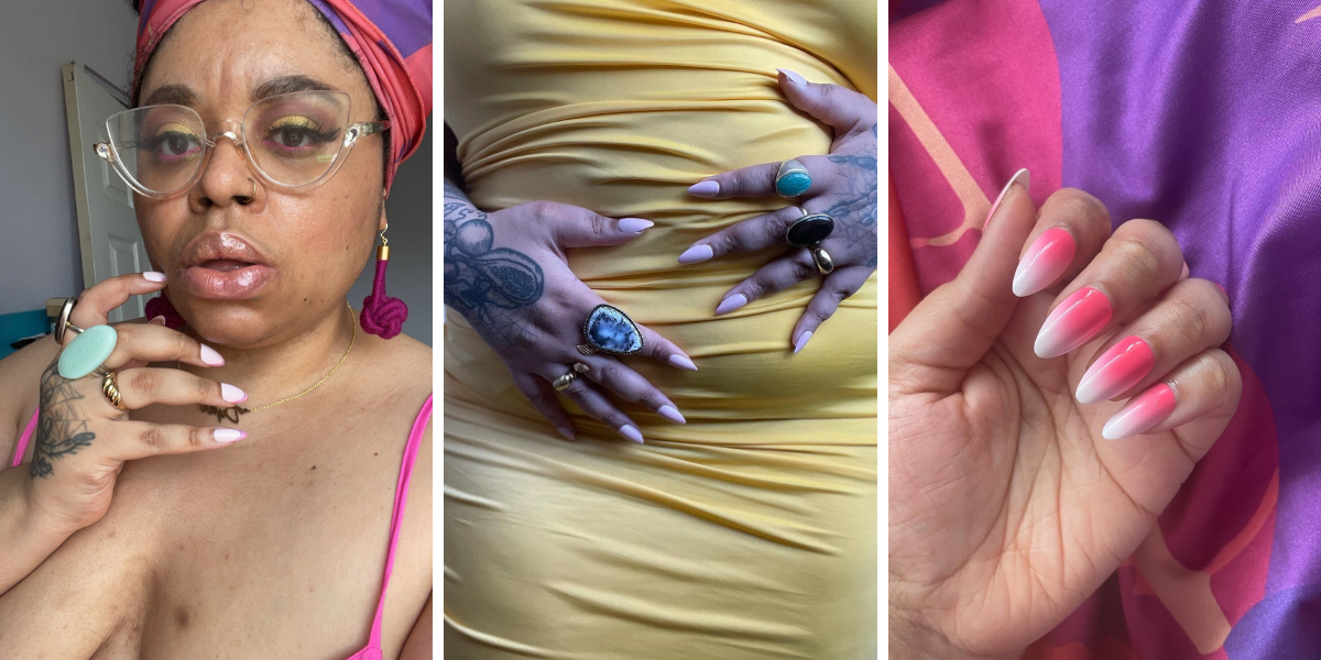 Photo 1: Dani Janae shows off a new set of press-on nails in a close-up selfie. Photo 2: Dani Janae's hands are adorned with press-on nails and are spread on her stomach while she wears a yellow dress. Photo 3: A close-up of pink and white ombre press-on nails worn by Dani Janae.