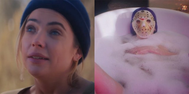 Ashley Benson in a beanie and also in a bathtub in a Jason mask in the horror film "18 & Over"