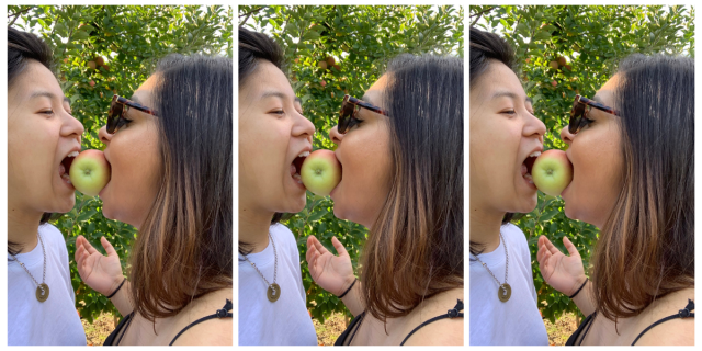 gerrie, a nonbinary Chinese-Filipino human, and Ashni, a South Asian gender averse human, each with medium length hair, gerrie's black and ashni's an ombre brown, bit down on an apple held between them by nothing but their mouths! ashni is wearing sunglasses. they look like they are having fun