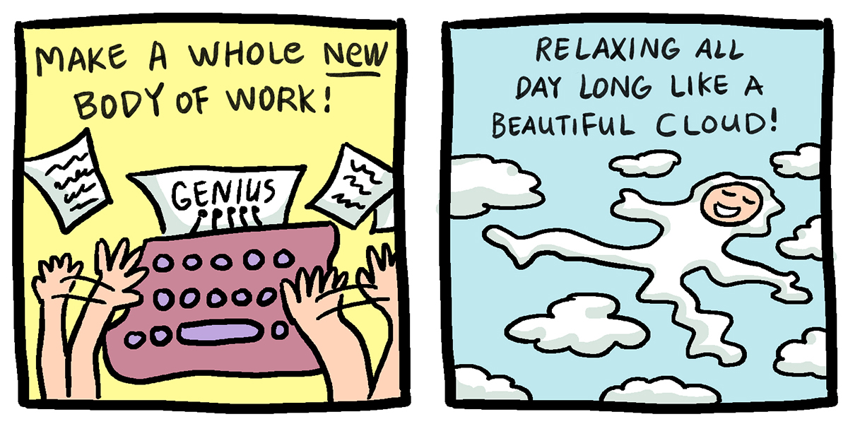 A two panel comic, left to right: "Make a Whole New Body of Work" is written on top of a yellow background in front of a on old school typewriter (t's red) and hands typing, then "Relaxing all day long like a beautiful cloud" is written in a blue sky full of cloud imagery
