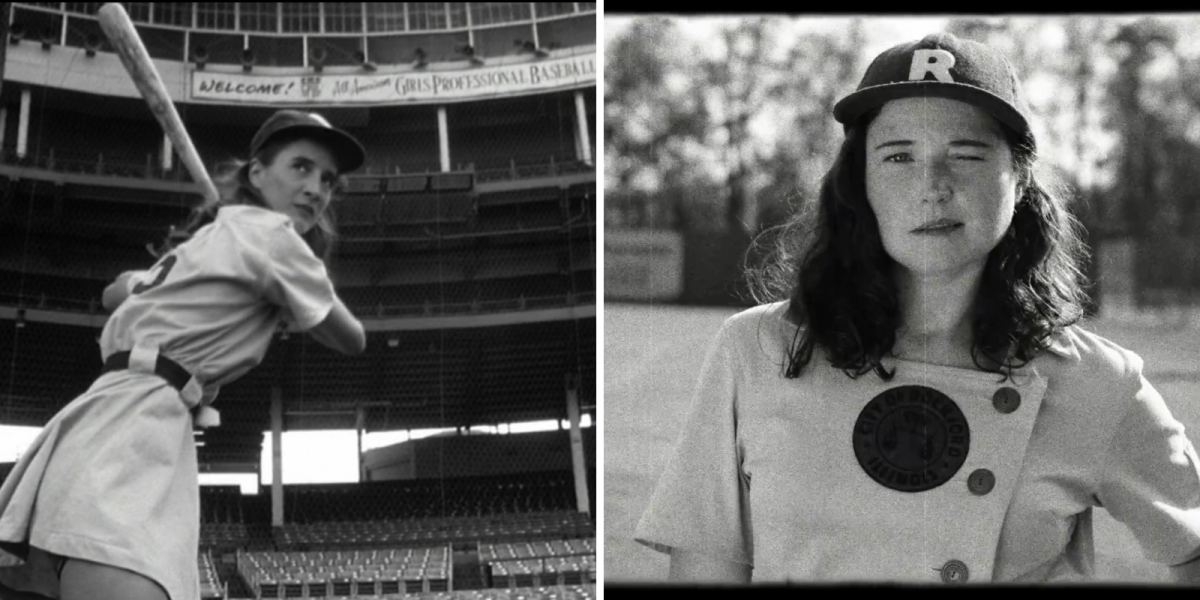 A League of Their Own movie references and Easter eggs: side by side images of baseball players in black and white, on the left the player swings a bat on the right she winks