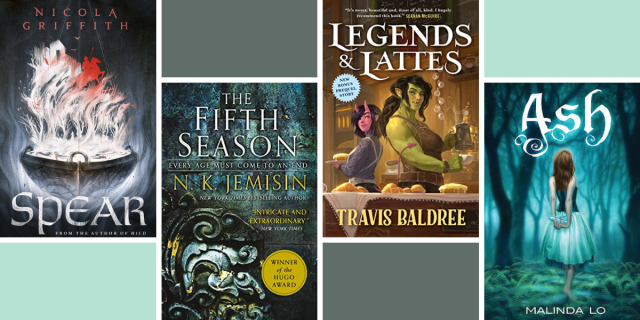 Four books: Spear by Nicola Griffith, The Fifth Season by N.K. Jemisin, Legends & Lattes by Travis Baldree, and Ash by Malinda Lo