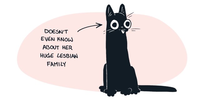 A Black cat is drawn in front of a blush pink circle, an arrow points to the cat and the text says: "DOESN'T EVEN KNOW ABOUT HER HUGE LESBIAN FAMILY"