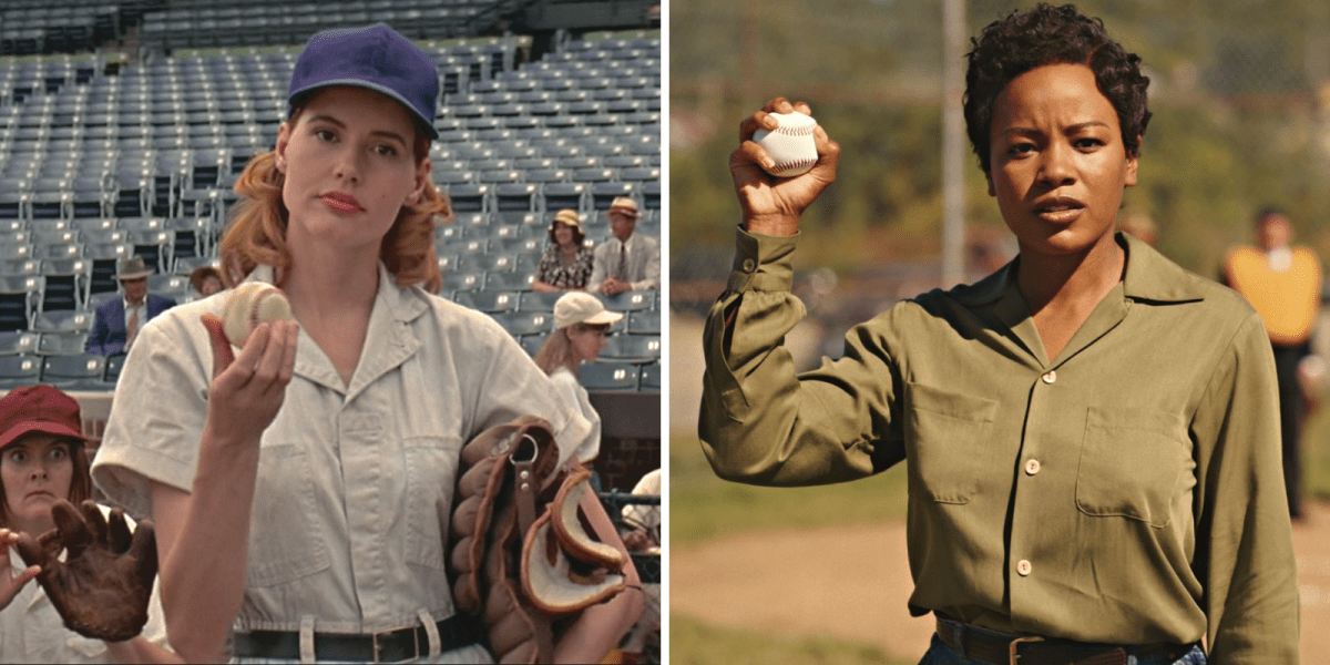 A League of Their Own movie references and Easter eggs: side by side screenshots of dottie from the movie holding a ball and max from the tv show doing the same