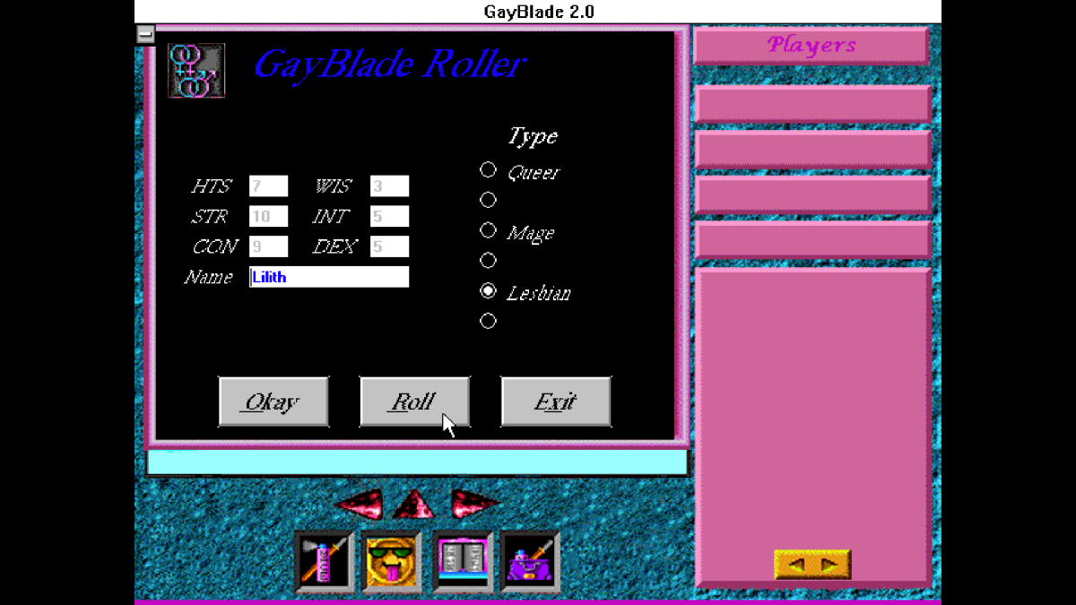 A black pixelated black screen of the video game GayBlade that has the text-based dice roller between actions, it also has colors of turquoise blue and pink.
