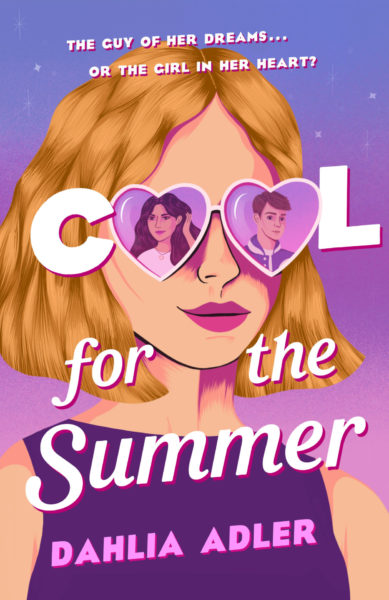 background fades from blue to purple. on the cover is a blonde haired fair skinned girl wearing heart shaped glasses. in the glasses are images of a dark haired girl and dark haired boy. the hearts makes up the Os in the word "cool"