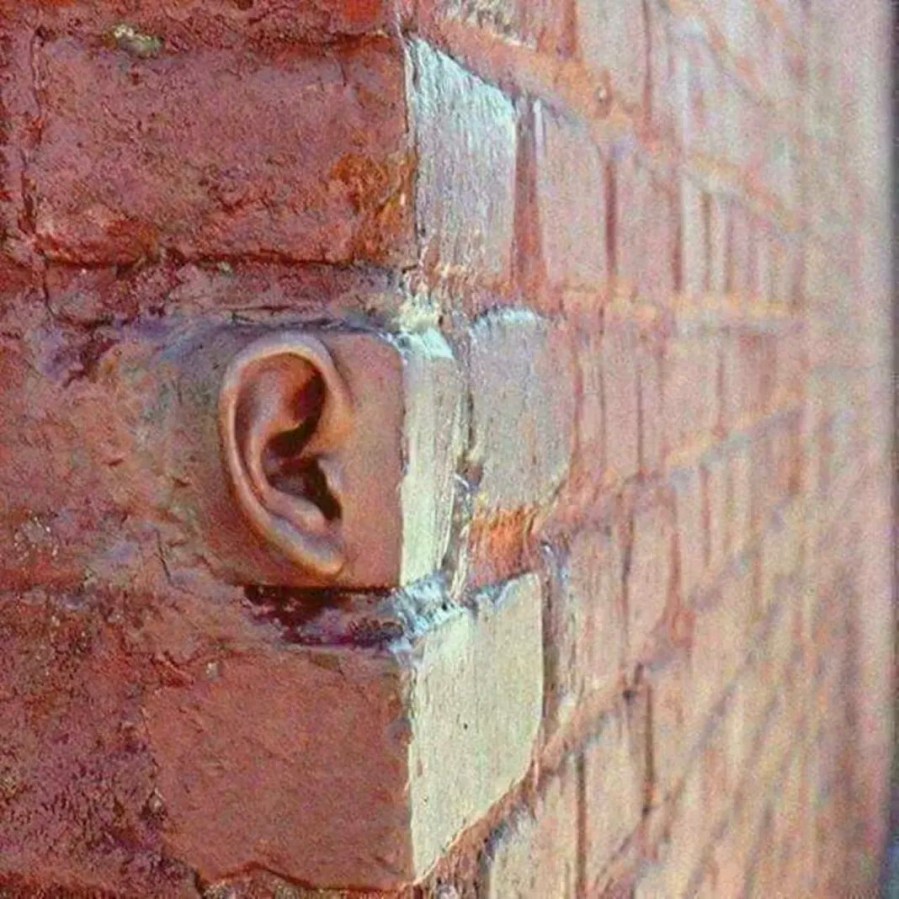 a fabricated human ear is integrated into a brick wall