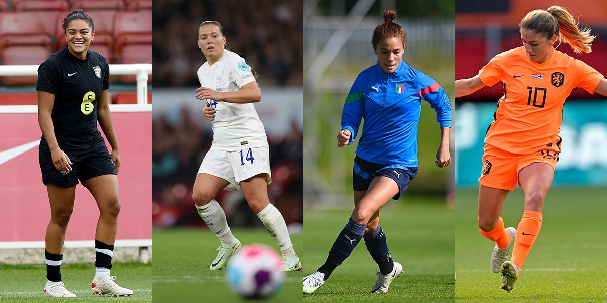 a collage of four womens soccer players on the field