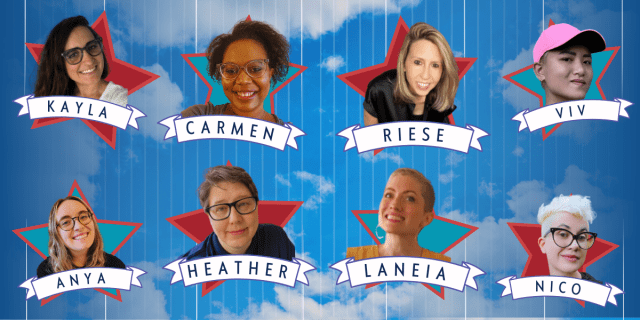 Everyone on the Autostraddle senior team (Kayla, Carmen, Riese, Viv, Anya, Heather, Laneia and Nico are seen backgrounded by A League of Their Own style stars against an oldey timey film-y looking backdrop of a bright blue sky with clouds. Each person's name appears in a ribbon below their smiling photograph.