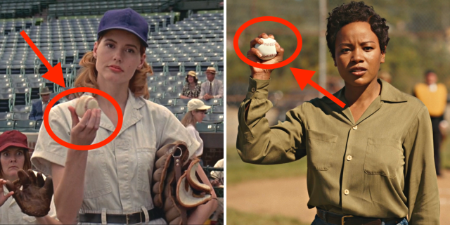 A League of Their Own movie references and Easter eggs: in a split screen Dottie from the movie holds a ball in her hand while Max from the TV show does the same . Dottie is a tall white woman with red hair, Max is a black woman with short black hair.