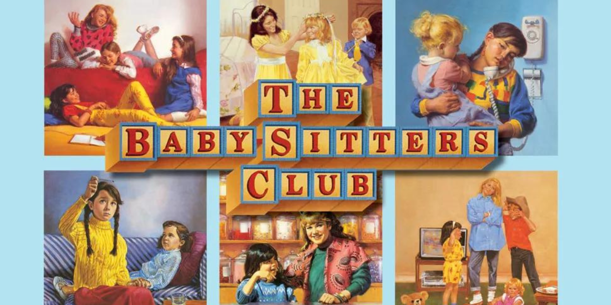 A six-way collage of various 1980s covers of Babysitters Club books are on top of a light blue background, superimposed is the original block lettering logo of "The Baby-Sitters Club"