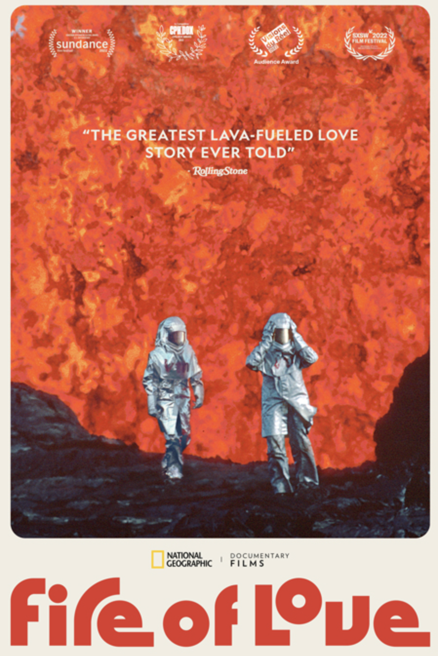 the image for fire of love shows two people in heat resistant suits approaching a whole bunch of lava! just a whole wall of lava!
