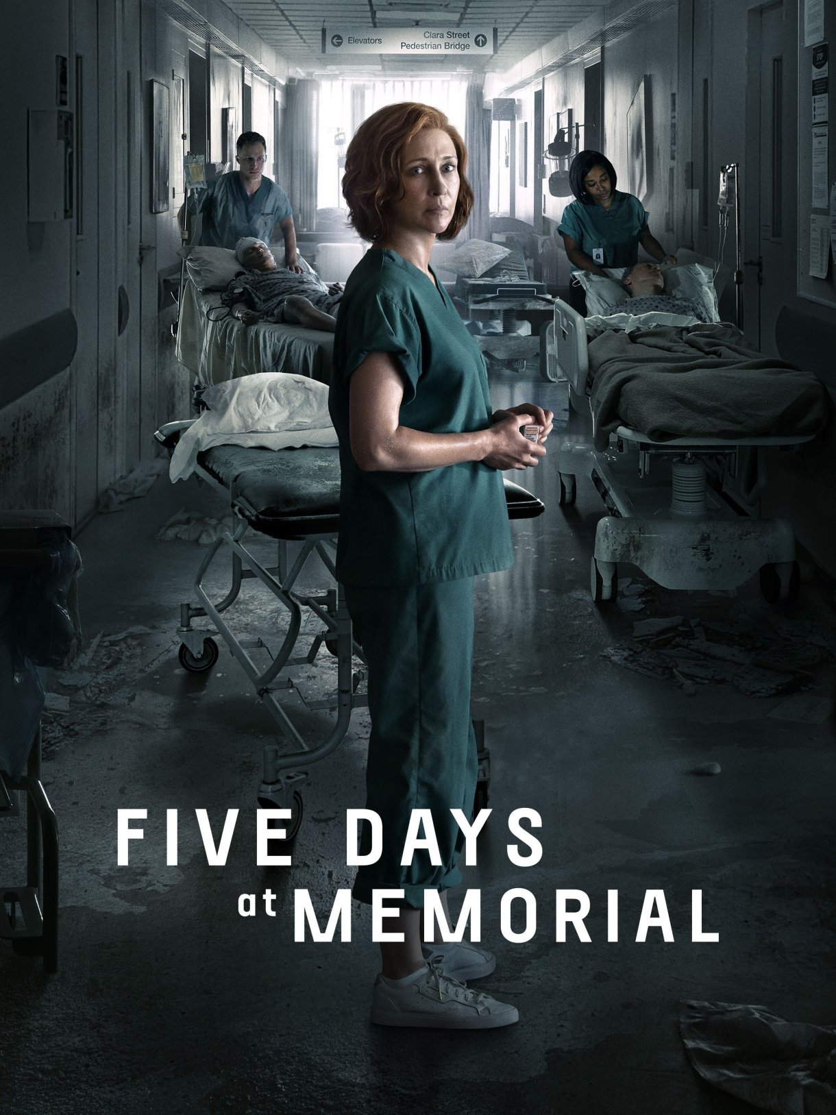 the cover of five days at memorial shows a white doctor looking at the camera while people attend to gurneys in the background