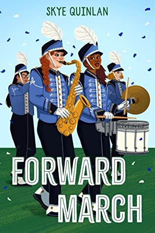 a light blue background and green grass on the bottom. four kids in blue band uniforms are marching. a fair skinned redheaded girl is playing saxophone and a black girl to her right is playing a drum