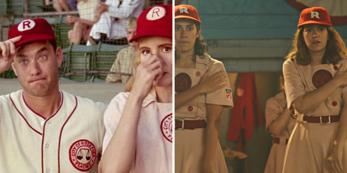A League of Their Own movie references and Easter eggs: side by side shots of players doing baseball hand signals, on the left is geena Davis and tom hanks from the 1992 film, on the right is Roberta colindrez and Abbi jacobosin in the tv show
