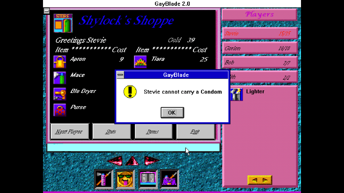 A black pixelated black screen of the video game GayBlade that says "Stevie Cannot Carry a Condom," it also has colors of turquoise blue and pink