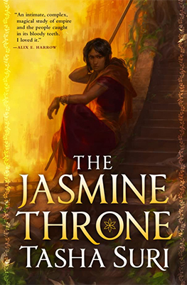 The cover for The Jasmine Throne features the main character sitting against a fiery sunset