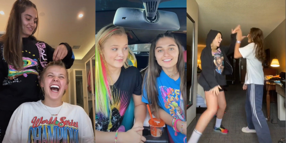 Three pics of Avery and JoJo: Avery doing JoJo's hair, Avery and JoJo in the car, Avery and JoJo dancing