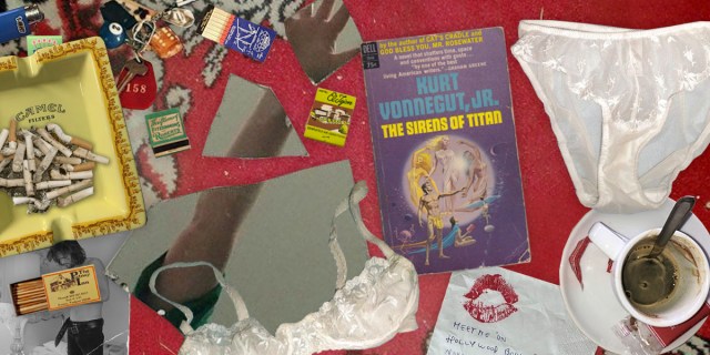a collage features a dirty red carpet as background. On top of it is a camel ash tray full of butts, various books of matches, a paperback copy of the sirens of titan by kurt vonnegut jr., a photo of a woman's arm torn in three pieces, a photo of kris kristofferson, keys, a lighter, a dirty coffee cup with a spoon in it, a white lacy satiny bra, a note with a red lipstick stain on it asking to meet on hollywood blvd, and a pair of satiny white panties, discarded. the lighting is polaroid-esque, too harsh and at the same time too dark to be pleasant or comfortable.
