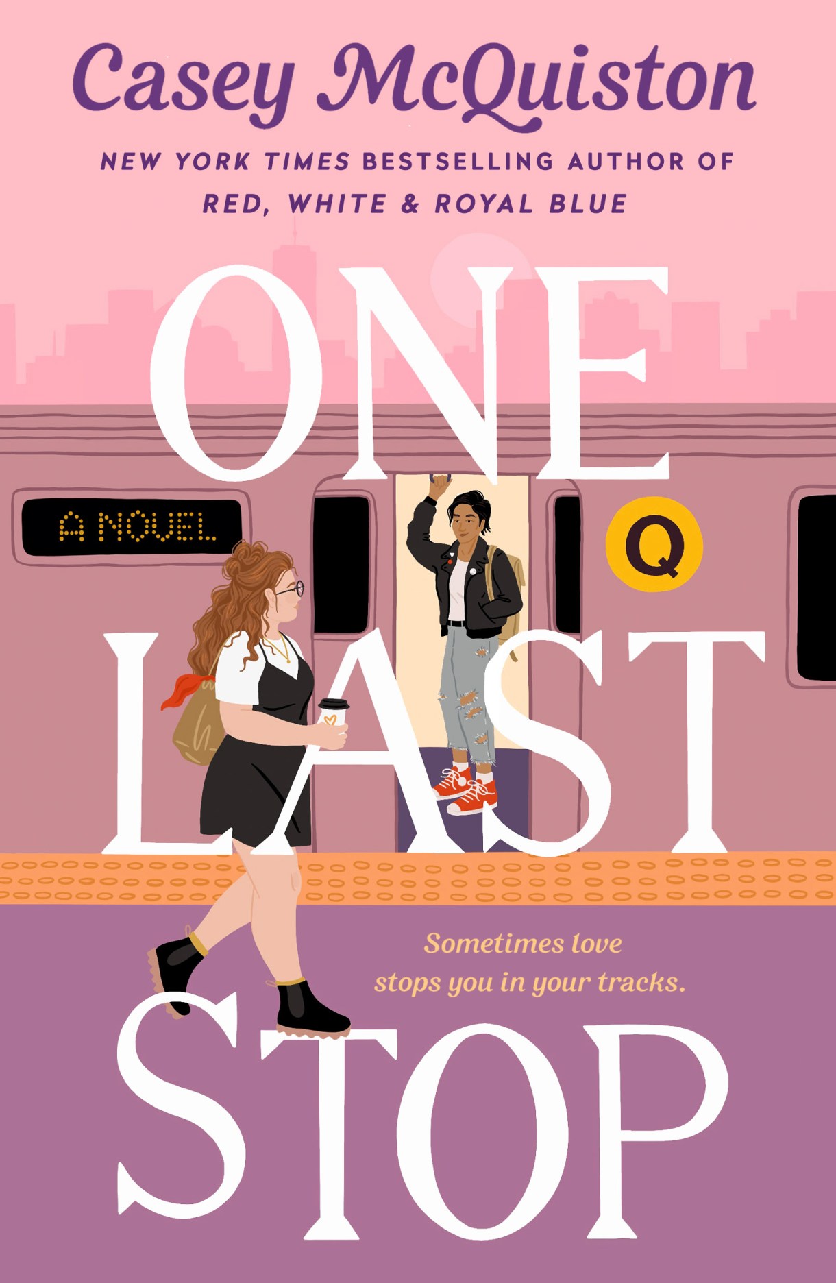 the cover of one last stop shows one illustrated person walking past an open train door while holding a coffee with a person inside holding onto the stabilizer loop and looking out at the first character