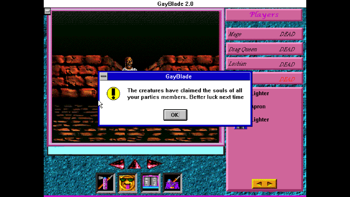 A black pixelated black screen of the video game GayBlade that says "the creatures have claimed the souls of all your parties members. Better luck next time," it also has colors of turquoise blue and pink