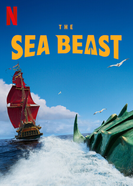 the image for the sea beast shows the scaly back of the beast on the right and an oldey timey ship with red sails on the left