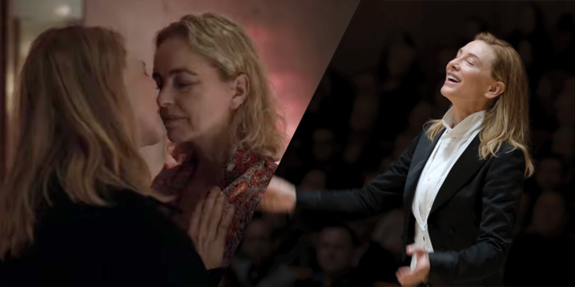 Cate Blanchett having a quick queer kiss / Cate Blanchett directing an orchestra in TAR
