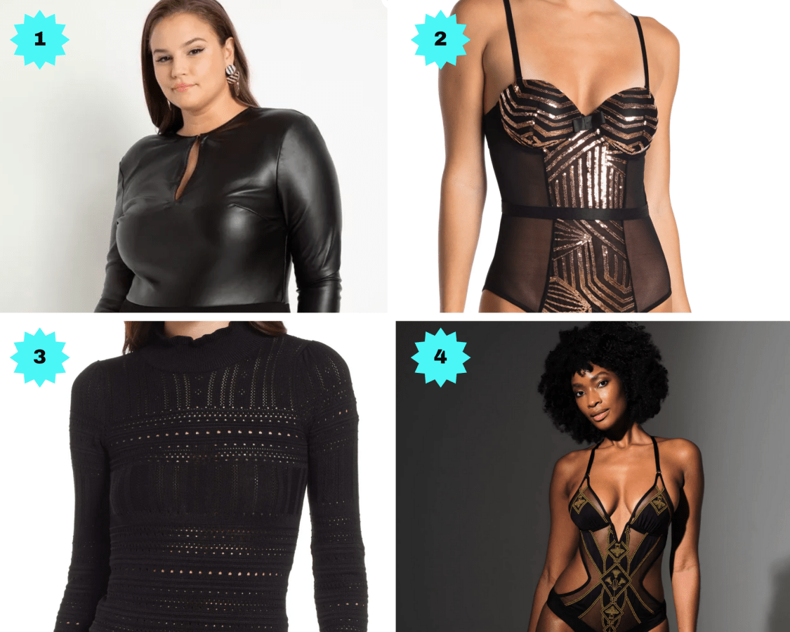 Photo 1: A keyhole leather-look long-sleeved bodysuit. Photo 2: A s black and metallic mesh bodysuit. Photo 3: A knitwear long-sleeved black bodysuit. Photo 4: A geometric patterned bodysuit with cutouts at the waist in black and gold.