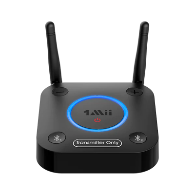  A close up image of the 1Mii B06TX Bluetooth 5.2 Transmitter, a flat black box with an electric blue circle in the middle and antenna ears coming out the top