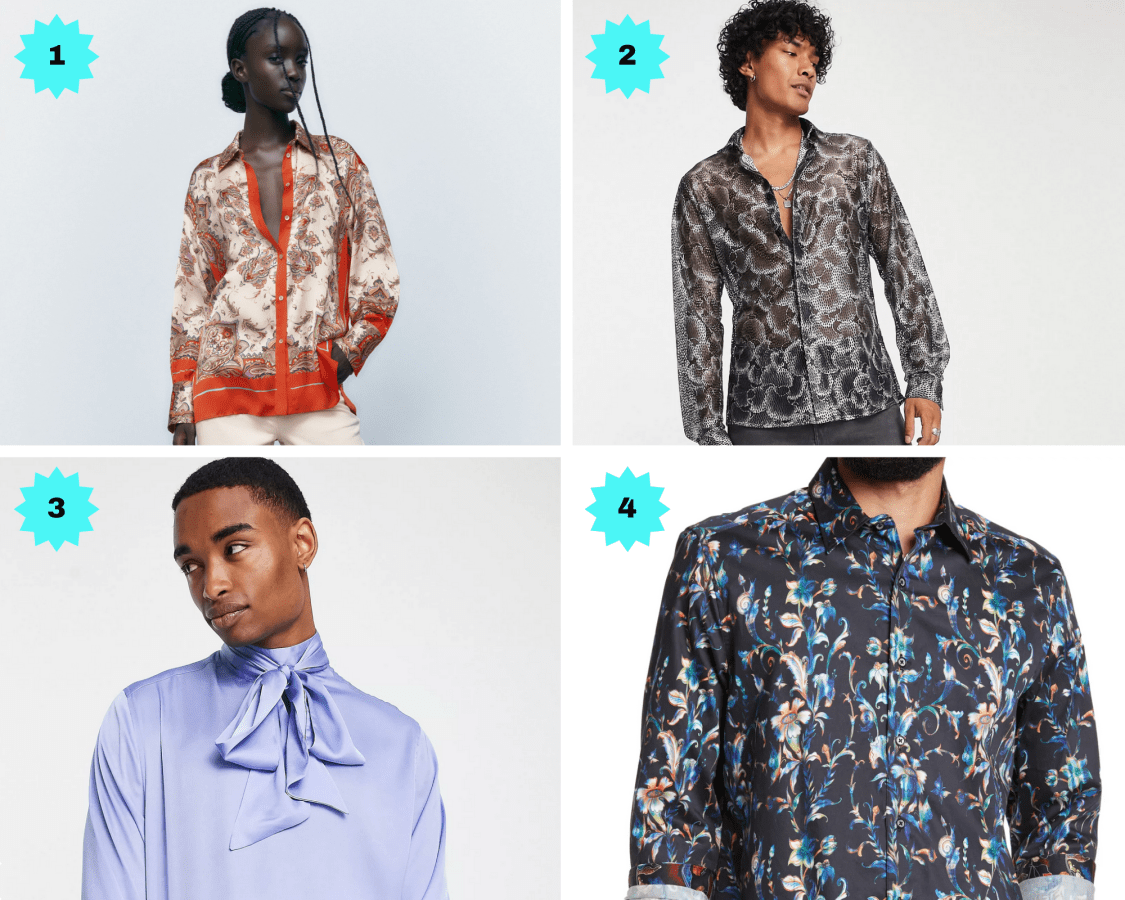 Photo 1: A paisley silk shirt in cream and orange. Photo 2: A tight satin look shirt in black and white swirly pattern. Photo 3: A shiny periwinkle shirt with a pussy bow collar. Photo 4: A floral buttondown in blue, black, and pink.
