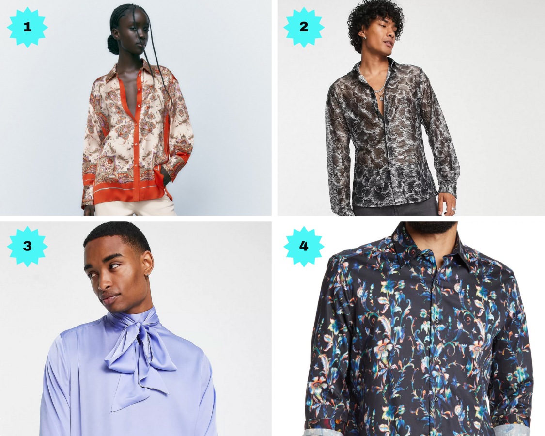 Photo 1: A paisley silk shirt in cream and orange. Photo 2: A tight satin look shirt in black and white swirly pattern. Photo 3: A shiny periwinkle shirt with a pussy bow collar. Photo 4: A floral buttondown in blue, black, and pink.