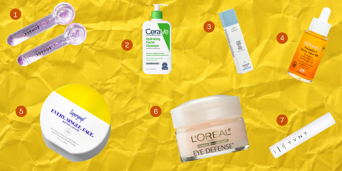 A collage of skincare products on a yellow background