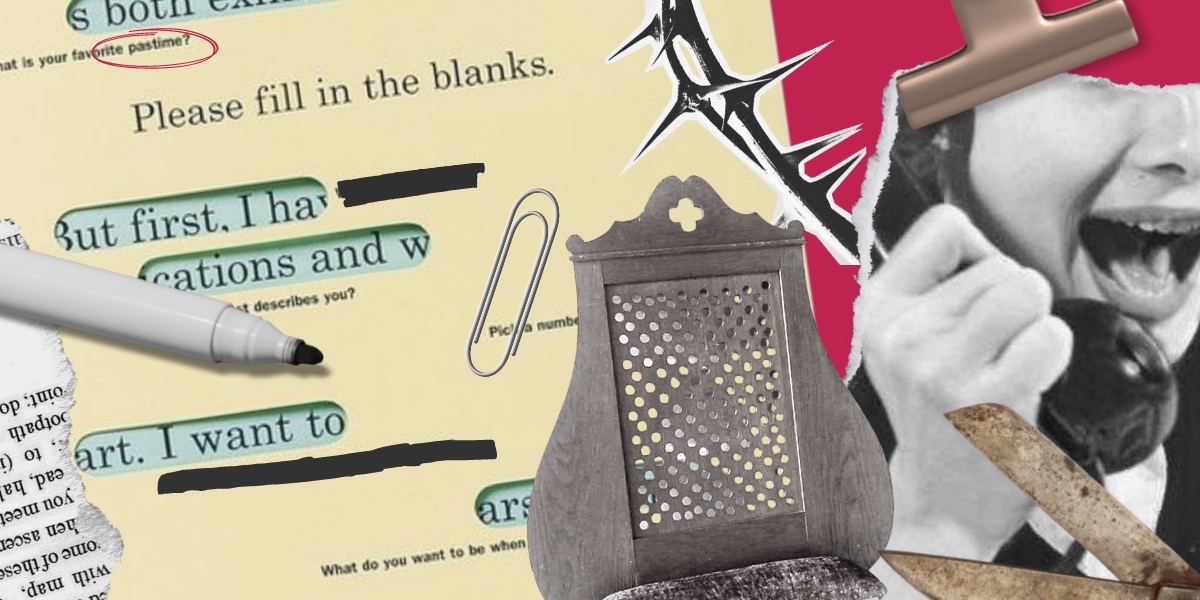 a collage of rusty vintage office supplies, various excerpts from documents, thorns, and a vintage photo of a woman screaming on the phone as well as a vintage confessional screen, all intones of manila, black and red