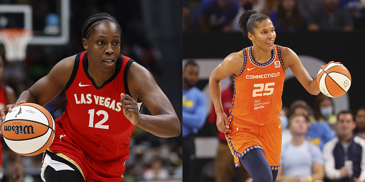 Chelsea Gray and Alyssa Thomas bring the basketball up the court for the Las Vegas Aces and the Connecticut Sun, respectively