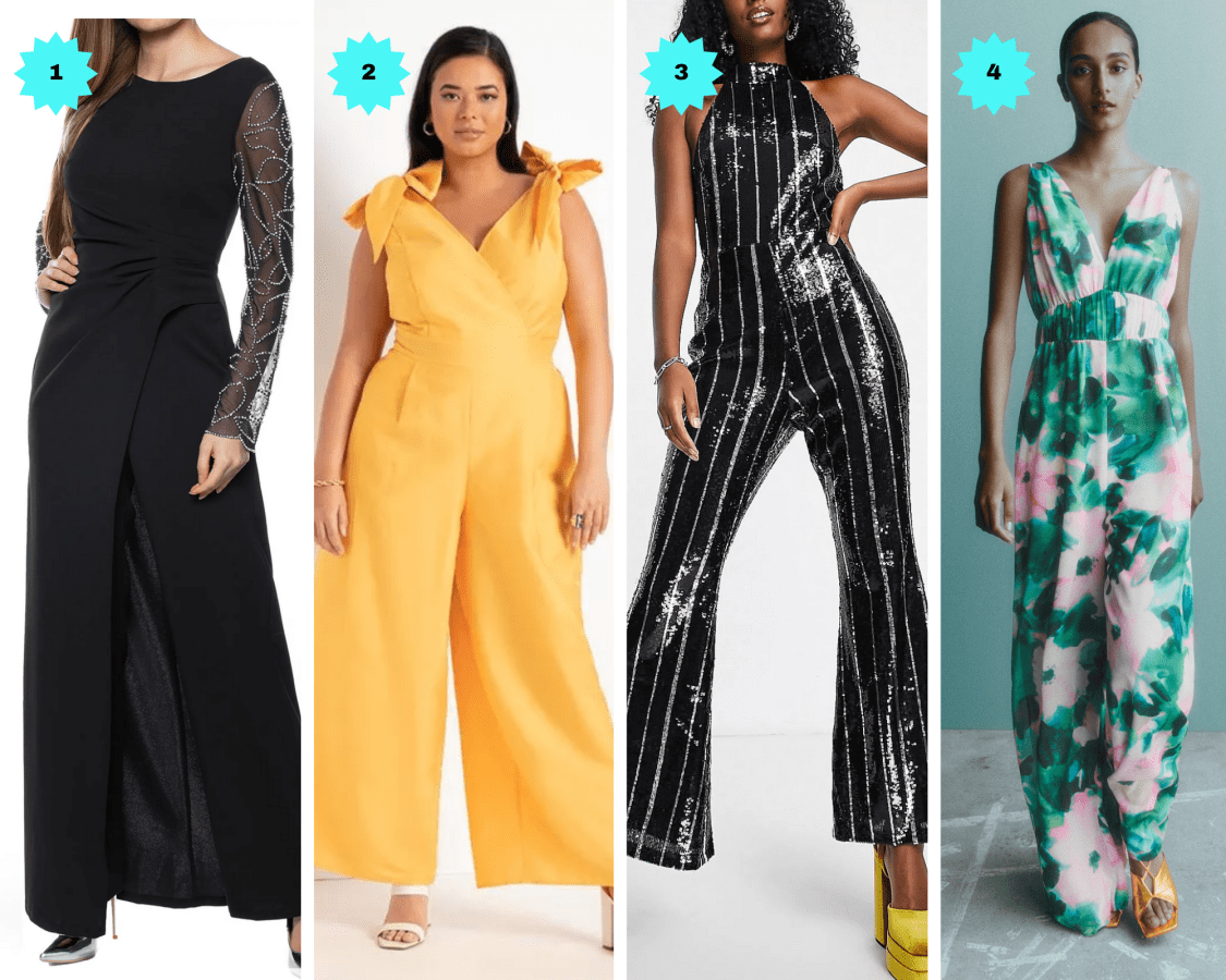 Photo 1: A long-sleeved black wrap jumpsuit. Photo 2: A tie-sleeve yellow jumpsuit. Photo 3: A shiny black and silver vertical striped jumpsuit with flared legs. Photo 4: A floral sleeveless jumpsuit in pink and green.