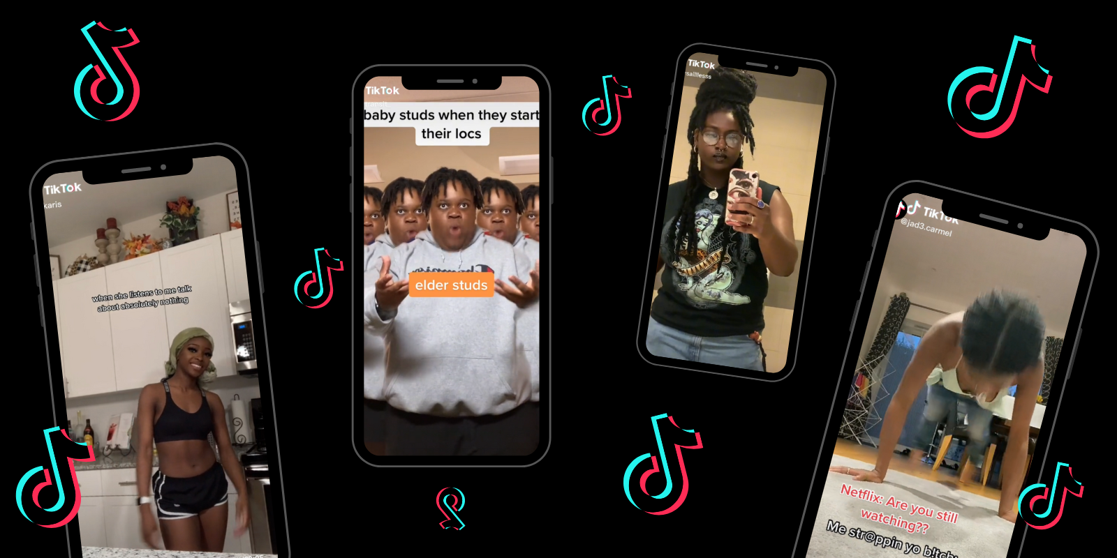 Four phones with screenshots of various TikToks on a Black background, the TikTok logo floats in between them all