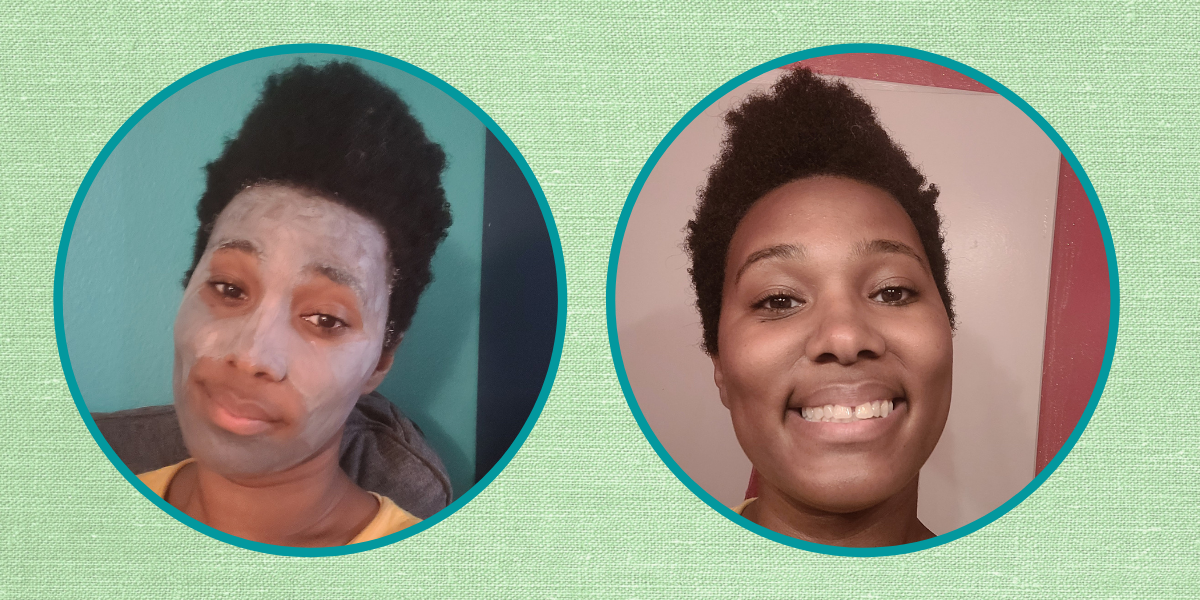 Two images of Sa'iyda side by side, one in a face mask, one without