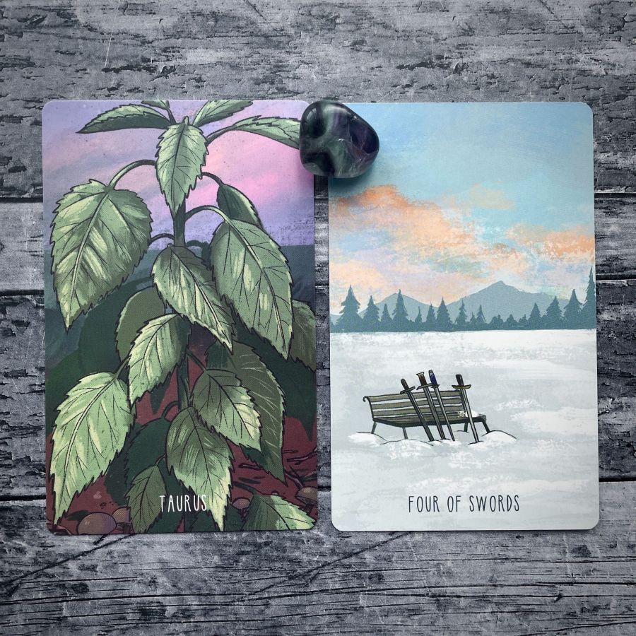 Two cards on a grey wood table:   on the left — a close up of green leaves on a vine, it says Taurus at the bottom  on the right — a bench with four swords propped against it in the snow with mountains in the background, it says Four of Swords on the bottom