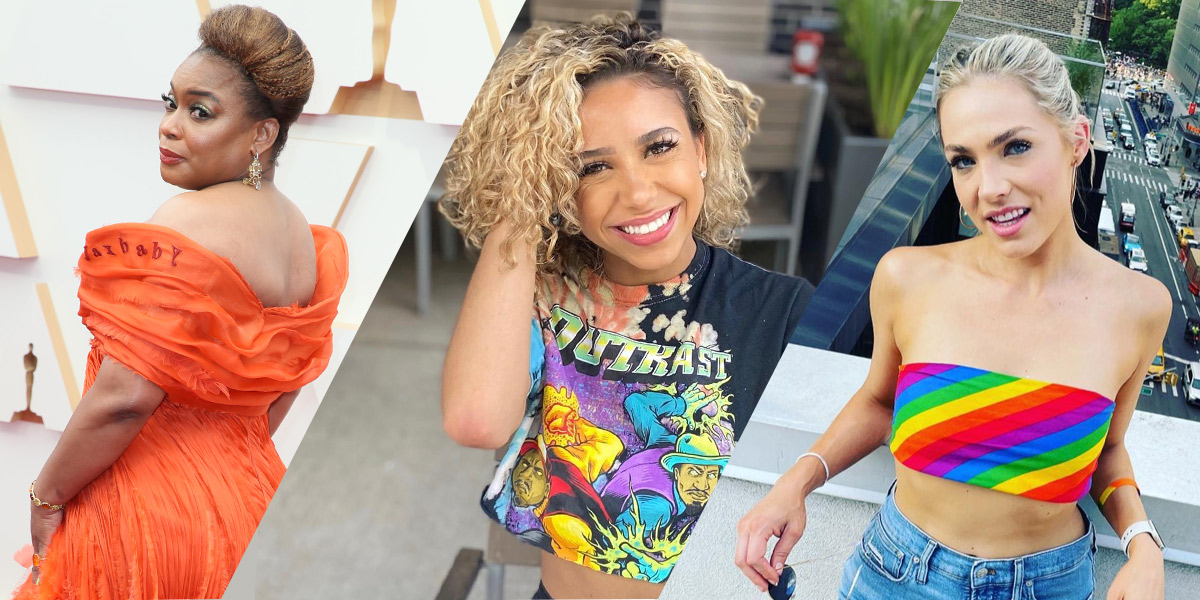 A diagonal collage split three ways, left to right: Aunjanue Ellis walks the Oscars red carpet in an orange gown, Rae Williams in a OutKast band shirt, and Elizabeth Corrigan outside in a rainbow stripped tube top.