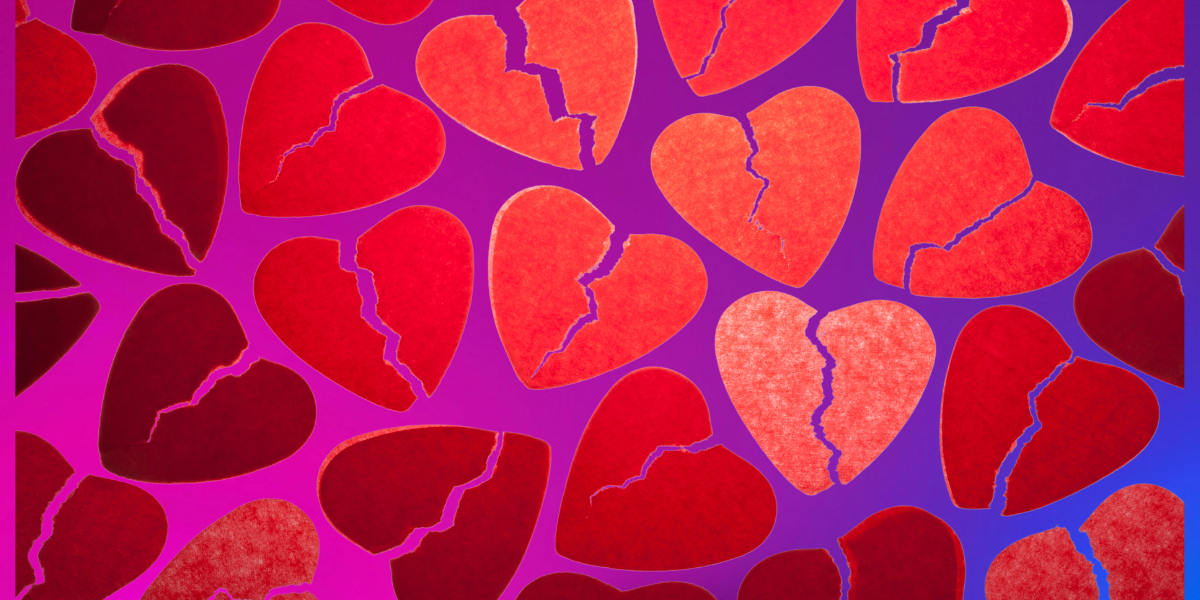 Velvet broken hearts collaged in front of a bisexuality color palette (pink, blue, purple)