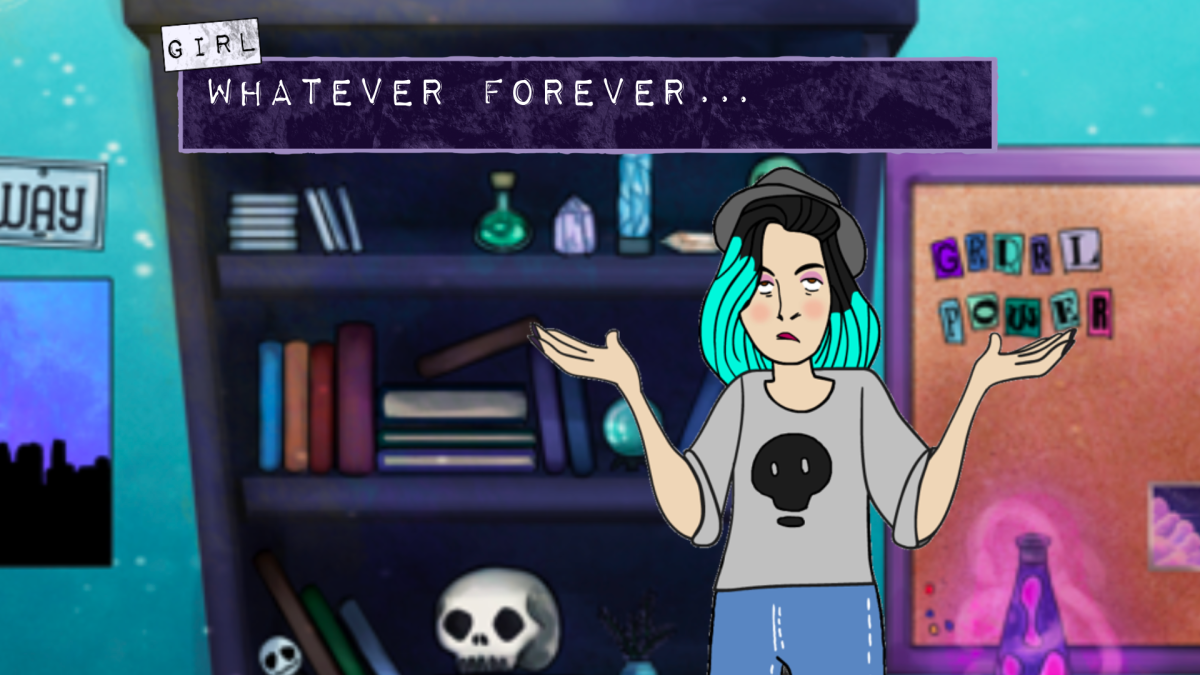 an animated girl in the game Curses wears a skull shirt and gray hat and has blue hair and stands in her room saying WHATEVER FOREVER...