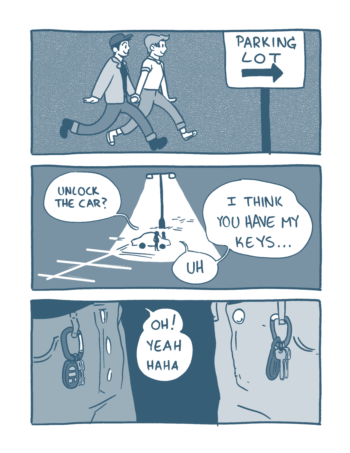 In a three panel comic, two queers walk towards the parking lot. One says, "unlock the car?" and the next one says "Uh.. I think you have a my keys" and then the first one laughs it off, "Oh yeah!"