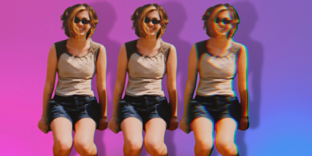 Three photos of Nico as a teenager, they are a white person who has bleached blonde bangs on a brunette layered bob, they have on sunglasses and a grey tank top and are smiling. They are collaged in front of the Bi Pride colors (pink, purple, blue)