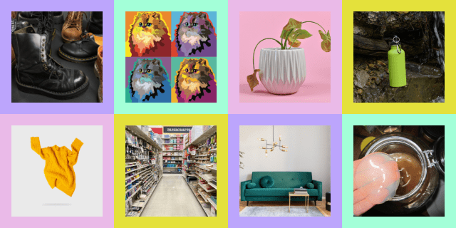 Photo 1: Doc Martens. Photo 2: Artwork of cats. Photo 2: A dying plant. Photo 4: A water bottle. Photo 5: A yellow sweater. Photo 6: A craft aisle. Photo 7: A green couch. Photo 8: Kombucha.