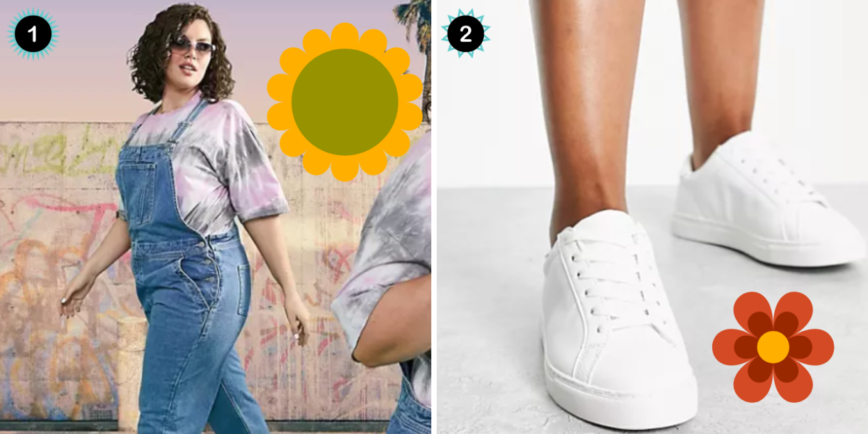 Photo 1: A pair of denim overalls. Photo 2: White sneakers.