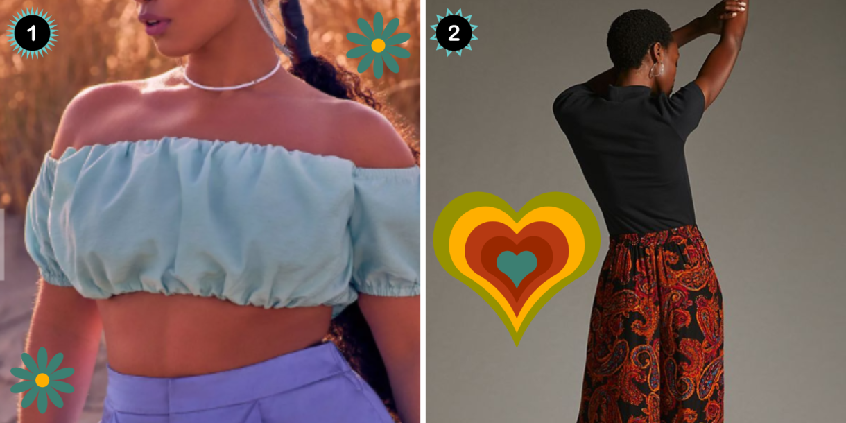 Photo 1: A blue bubble crop top. Photo 2: Wide leg print pants.