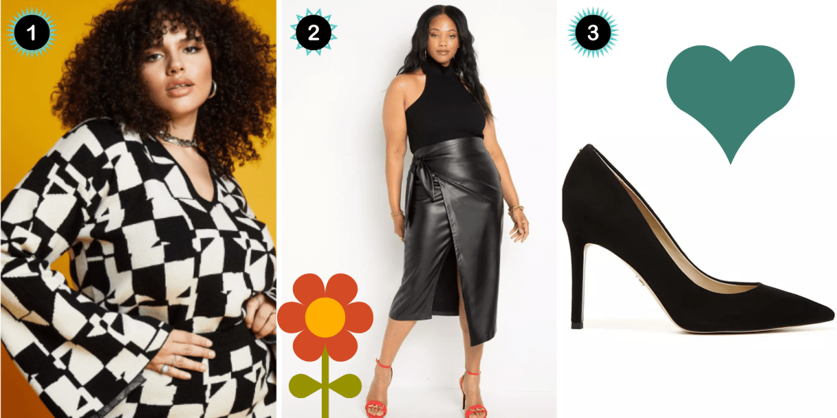 Photo 1: A black and white geometric patterned v-neck sweater. Photo 2: A midi length wrap leather skirt. Photo 3: A pair of black pumps.
