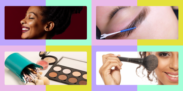 Photo 1: A woman has dark lip liner and lipstick on and is smiling. Photo 2: A closeup of someone laminating their eyebrows. Photo 3: A palette of bronzers and highlighters. Photo 4: A woman holds a brush to her cheek while smiling.